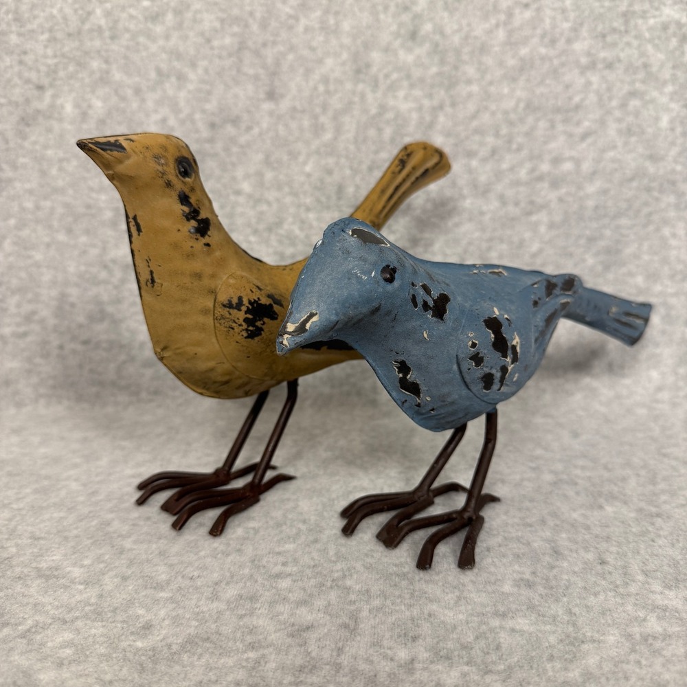 Rustic Metal Bird Figurine Set 2 Country Blue & Mustard Yellow Distress Finish